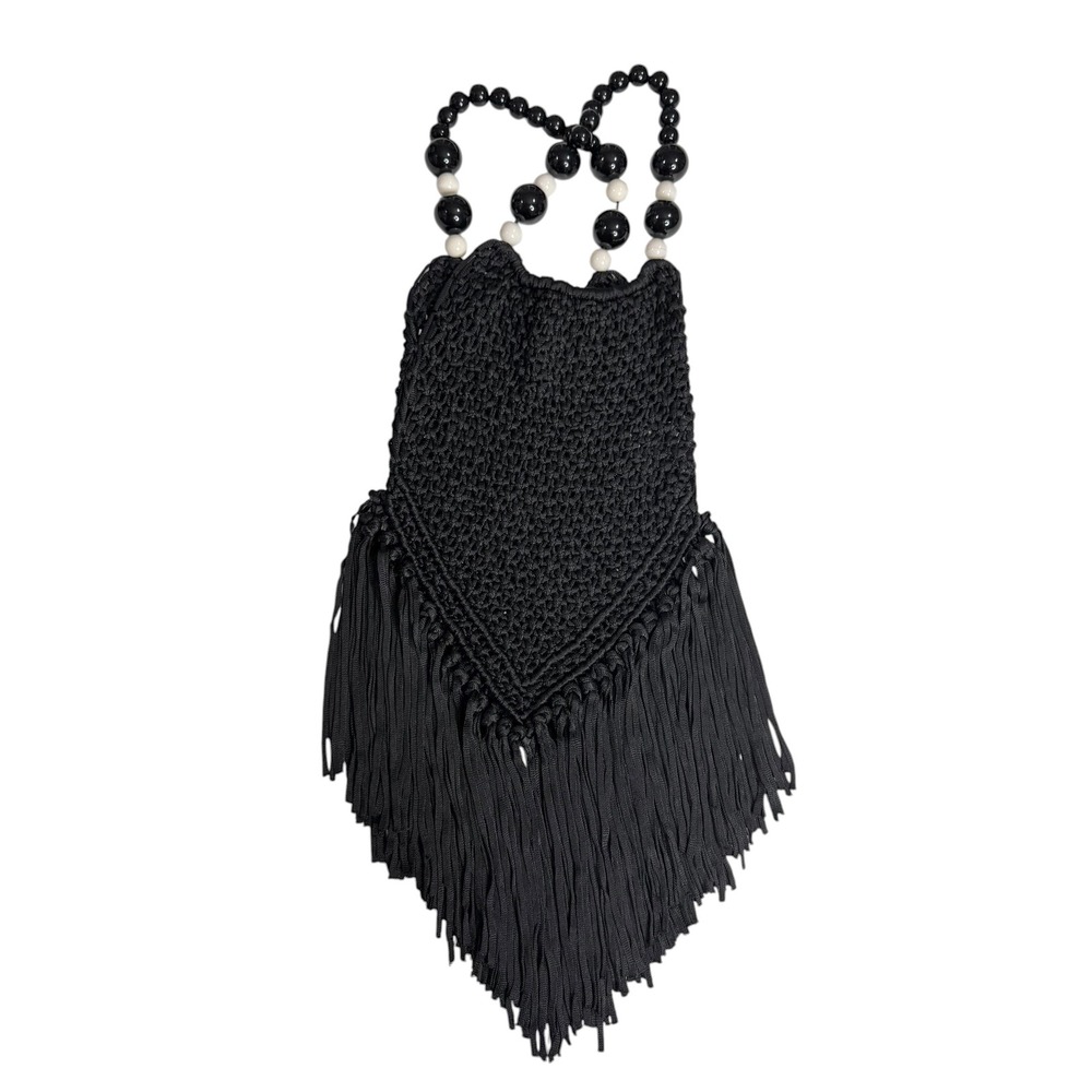 Black Macrame Fringe Handbag Beaded Handle Boho Festival Bag